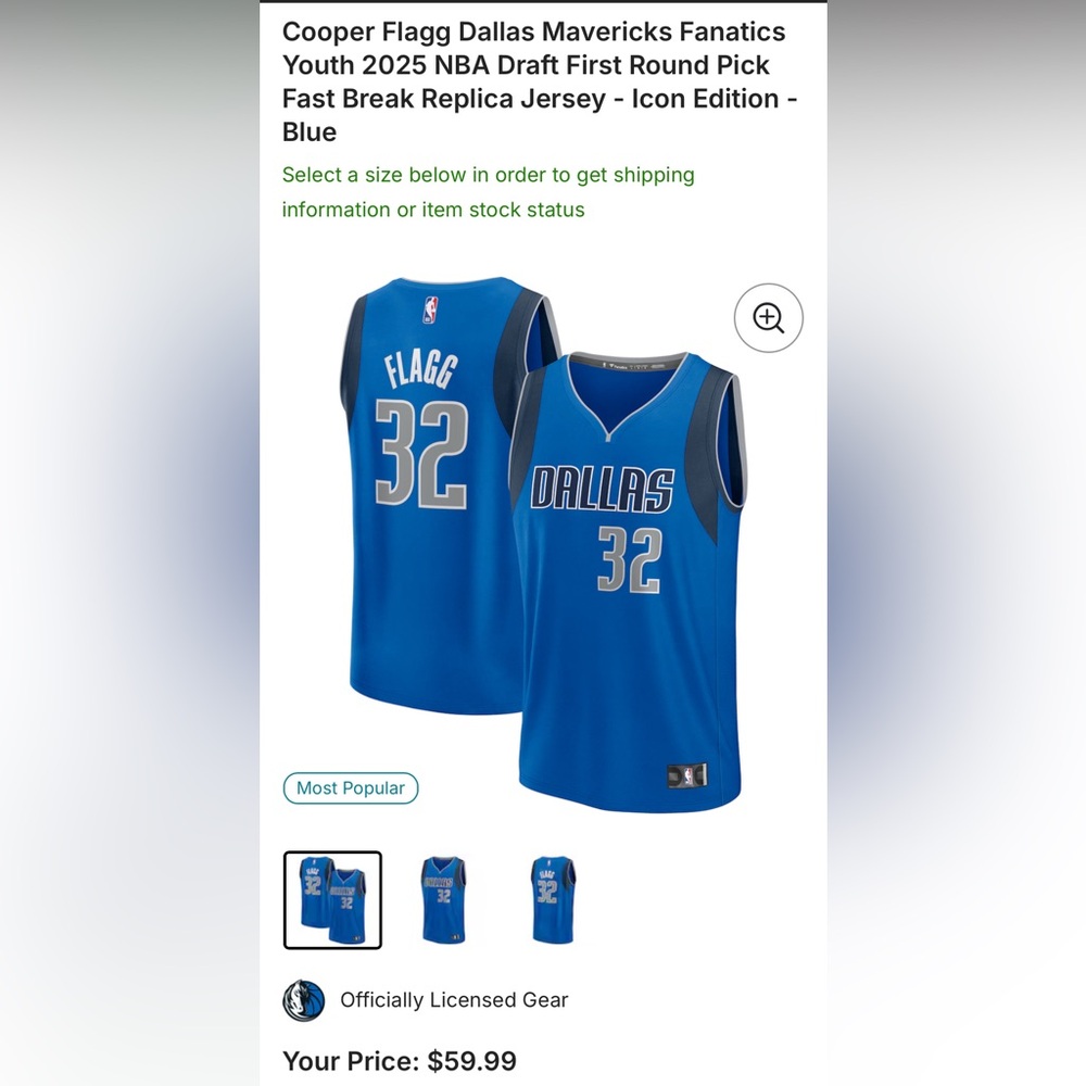 Cooper Flagg Nike Dallas Mavericks Jersey - Youth Size Large - NWT
